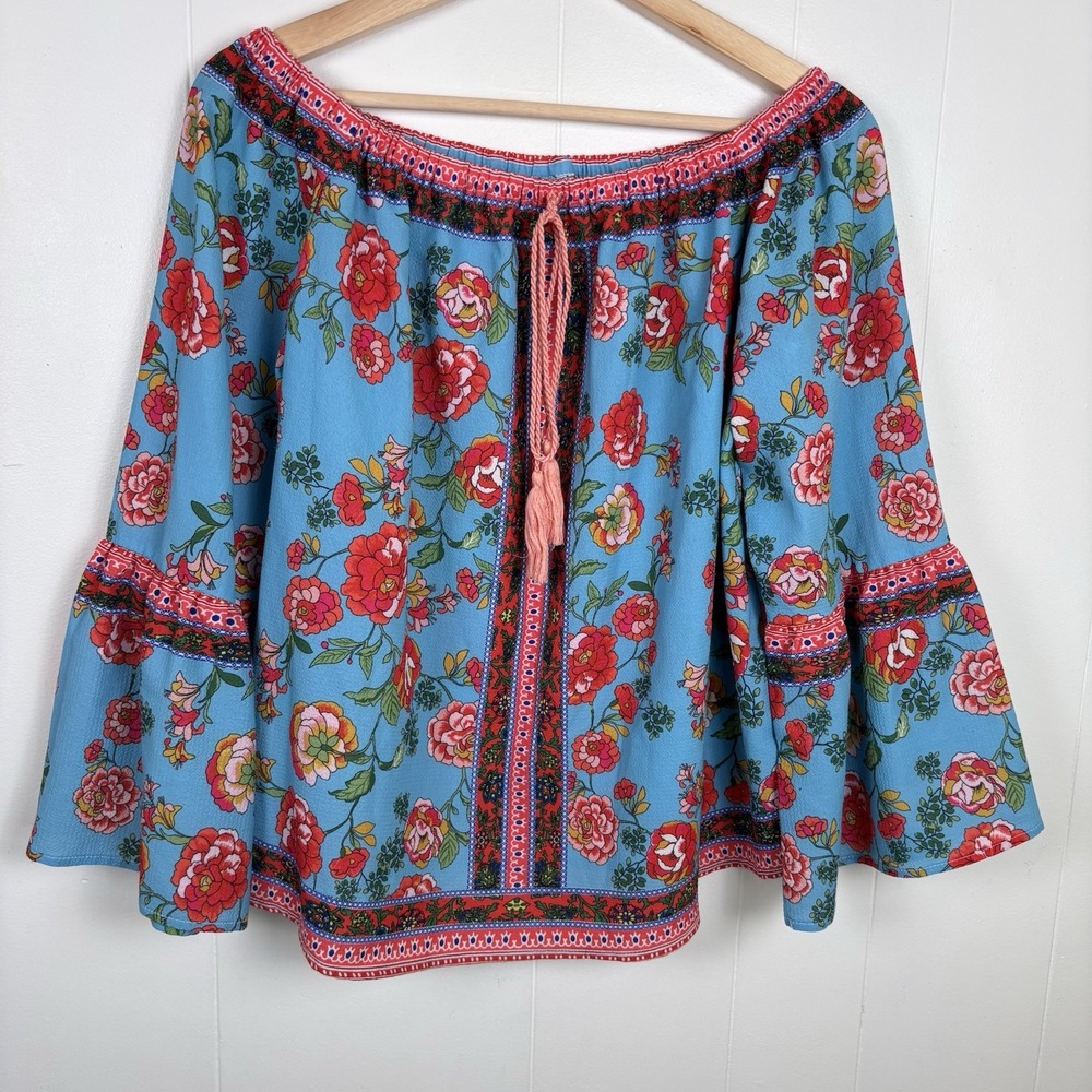 Umgee Boho Cottage Core Mixed Media Floral Top Tassel‎ Flared Sleeve Colorful L